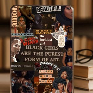 Pode incluir: Capa de telemóvel com um design de colagem que apresenta imagens e texto. Inclui retratos de mulheres negras, a palavra "Beautiful" e frases como "Black Girls Are The Purest Form of Art". A capa tem um acabamento brilhante.