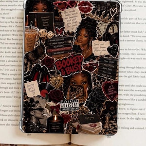 May include: A rectangular collage print featuring the text BOOKED & BUSY and PARENTAL ADVISORY EXPLICIT CONTENT. The design includes illustrations of books, a coffee cup, red roses, high heels, a candle, and portraits of a person with dark hair.