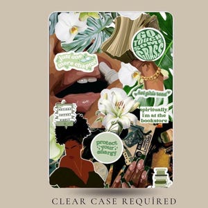 Könnte beinhalten: Eine dekorative transparente Hülle mit einem Collage-Design. Das Design umfasst Illustrationen einer Frau, Blumen und Text wie "Go touch some grass" und "hot girls read". Der Text "CLEAR CASE REQUIRED" befindet sich unten.