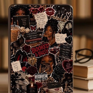 May include: A rectangular metal tin featuring a collage of illustrations including a woman reading, stacks of books labeled with titles like Dark Romance, red roses, high heels, a coffee cup, headphones, and the text Booked & Busy and Parental Advisory.