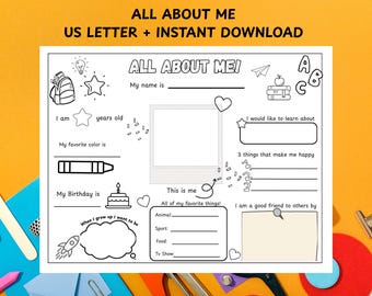 All About Me Activity Coloring Page: Back to School Worksheet (PDF Download)