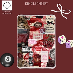 May include: A Kindle insert with a collage design featuring a red car, leopard print, dice, and text that reads "Reading is sexy." The insert also includes the text "Kindle Insert" and "Instant Download."