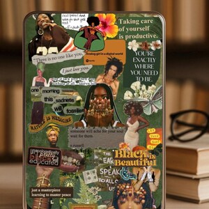 May include: A collage-style phone case featuring images of Black women, flowers, and text. The text includes phrases like "Taking care of yourself is productive" and "Black is Beautiful." The color scheme is primarily green, brown, and gold.
