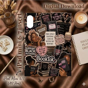 May include: An iPad mini 6/7 insert featuring a collage of book-themed illustrations, including text like "BookTok," "Support Black Authors," and "The only dating I do is with my books." The design incorporates black, pink, and brown tones.