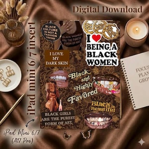 Pode incluir: Um gráfico de download digital com um fundo castanho estampado e texto incluindo I LOVE MY DARK SKIN, BLACK CULTURE IS NOT A FASHION TREND e I HEART BEING A BLACK WOMEN. Exibe imagens de lábios com grills e uma pessoa a ler um livro.