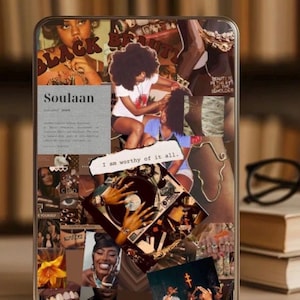 Könnte beinhalten: Eine digitale Collage mit Bildern von schwarzen Frauen, Text und einem Plattenspieler. Der Text enthält "Soulaan", "I am worthy of it all" und "Beauty is in the eye of the beholder". Die Farbgebung ist warm, mit Braun- und Cremetönen.