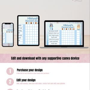 May include: A digital reward chart displayed on a smartphone, tablet, and laptop. The chart is light blue with a grid for tracking tasks like brushing teeth and using kind words. The text reads "Michael's Reward Chart."