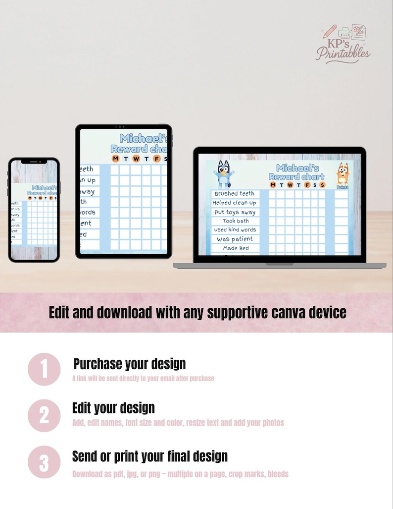 May include: A digital reward chart displayed on a smartphone, tablet, and laptop. The chart is light blue with a grid for tracking tasks like brushing teeth and using kind words. The text reads "Michael's Reward Chart."