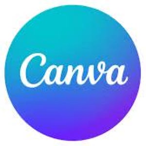 May include: The Canva logo features the word "Canva" in a white, cursive font, set against a gradient background. The background transitions from a vibrant teal at the top to a deep purple at the bottom, creating a circular shape.