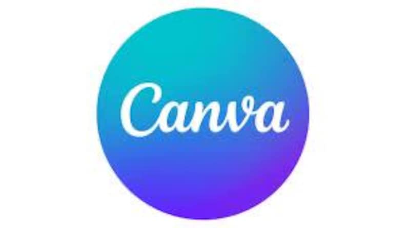 May include: The Canva logo features the word "Canva" in a white, cursive font, set against a gradient background. The background transitions from a vibrant teal at the top to a deep purple at the bottom, creating a circular shape.