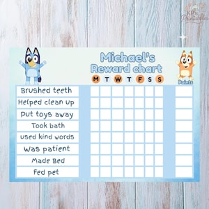 May include: A blue and white reward chart featuring cartoon characters and the text "Michael's Reward chart." The chart includes spaces for tracking points and lists tasks like "Brushed teeth" and "Helped clean up."