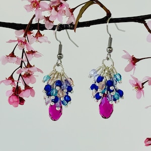 Fuchsia and Silver | Crystal Cluster Earrings | Boho Beaded Dangles | Elegant Handmade Jewelry | Statement Earrings Gift for Her