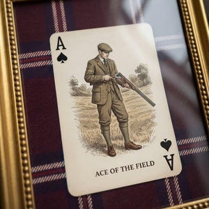 Pode incluir: Uma carta de jogar emoldurada com a ilustração de uma pessoa em um terno de tweed segurando uma espingarda em um campo. A carta exibe o texto ACE OF THE FIELD e símbolos de espadas. O fundo atrás da carta é um tecido xadrez vermelho e azul.