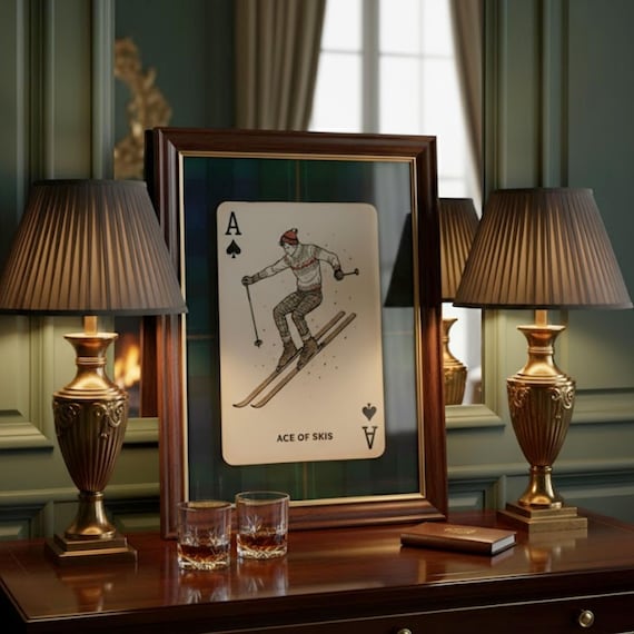 Ralph Lauren Inspired Ski Print  Vintage Winter Sports Art on Tartan Background Alpine Lodge Wall Decor, Classic Skiing Illustration