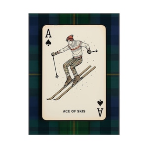 Ralph Lauren Inspired Ski Print Vintage Winter Sports Art on Tartan Background Alpine Lodge Wall Decor, Classic Skiing Illustration image 4