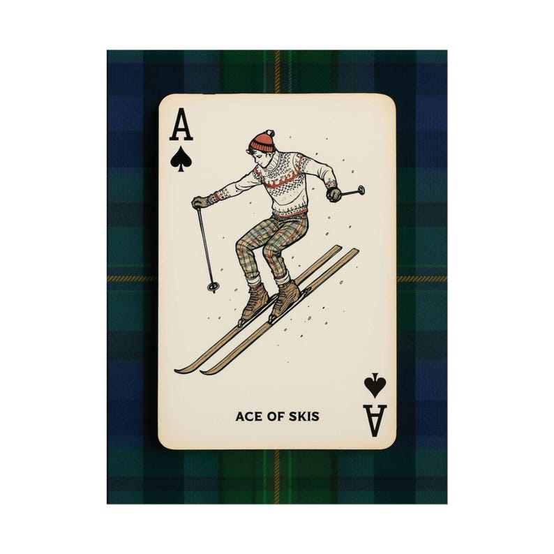 Ralph Lauren Inspired Ski Print Vintage Winter Sports Art on Tartan Background Alpine Lodge Wall Decor, Classic Skiing Illustration image 4