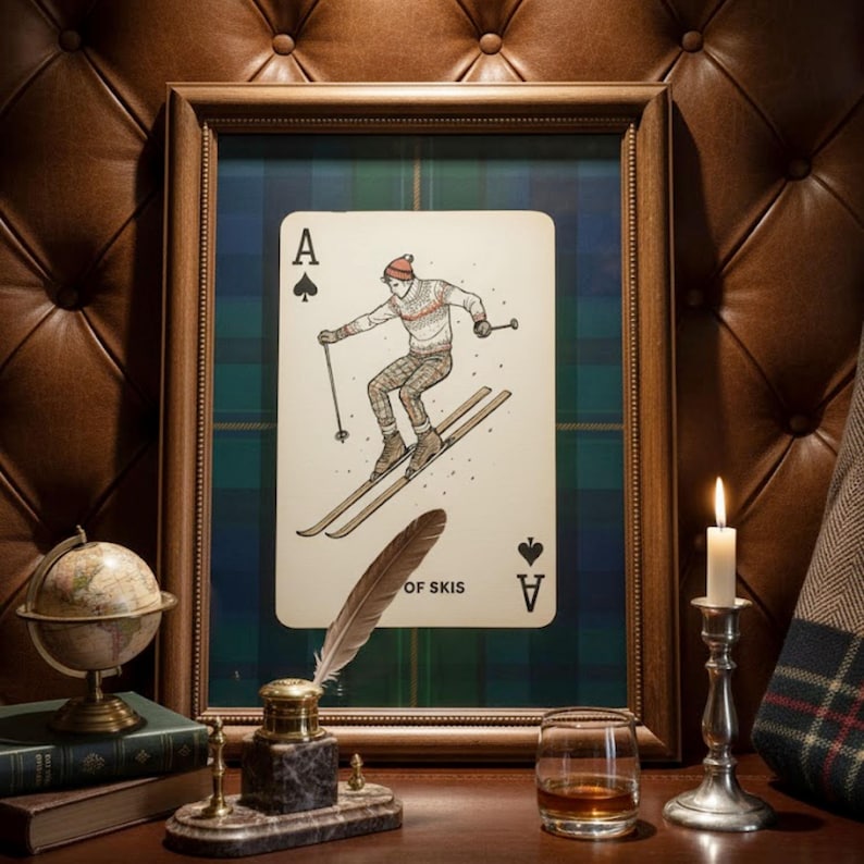 May include: Framed artwork featuring an Ace of Spades playing card design with a skier illustration. The card is set against a green and blue plaid background within a wooden frame. A globe, inkwell, and candle are on the table.