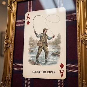 May include: A framed playing card print titled Ace of the River, featuring an illustration of a fly fisherman in a river. The card has a red diamond suit symbol and is mounted on a dark red and blue plaid fabric background inside an ornate gold frame.