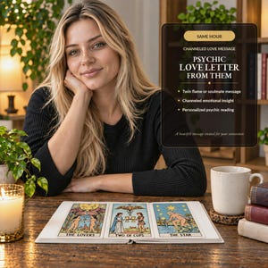 May include: A psychic love letter service listing featuring text that reads SAME HOUR CHANNELED LOVE MESSAGE PSYCHIC LOVE LETTER FROM THEM Twin flame or soulmate message Channeled emotional insight Personalized psychic reading. Three tarot cards are displayed.