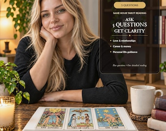 May include: A tarot reading service offering 5 questions for clarity. The text reads 5 QUESTIONS, SAME HOUR TAROT READING, ASK 5 QUESTIONS GET CLARITY, Love & relationships, Career & money, Personal life guidance, Five questions One detailed reading.