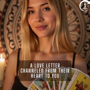 May include: A woman holding tarot cards, with the text "A LOVE LETTER CHANNELED FROM THEIR HEART TO YOU." The image has a warm, inviting ambiance, with a lit candle and a decorative background. A clock icon indicates a one-hour timeframe.