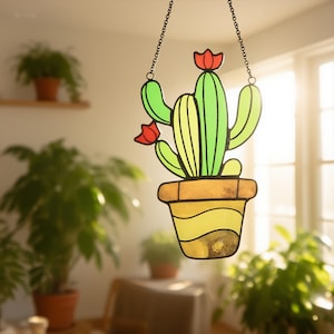 Cactus Planter  Stained Glass Hanging Decoration,Cactus Lovers Gifts,Hanging Plant Home,Decoration Gardener Gifts,Garden Decor