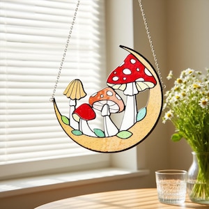Mushroom-Themed Stained Glass Hanging Decorations–3 Styles Available,Fly Mushroom Moon Window Hanging Art, Birthday Gift For Her Mom Grandma