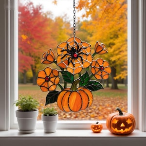 Halloween Stained Glass Ornament with Spiders, Pumpkins Flowers–Spooky Window & Wall Décor,Unique Spooky Window Decoration,Gifts for Friend