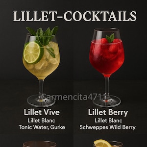 Carte de cocktails Lillet | Carte de boissons numérique à imprimer | Modèle de menu de bar PDF | Boissons estivales élégantes pour événements, mariages et célébrations