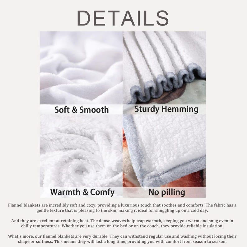 May include: Image showcasing details of a flannel blanket. The text highlights features: Soft & Smooth, Sturdy Hemming, Warmth & Comfy, and No pilling. The blanket appears white with a soft texture, suitable for comfort and warmth.