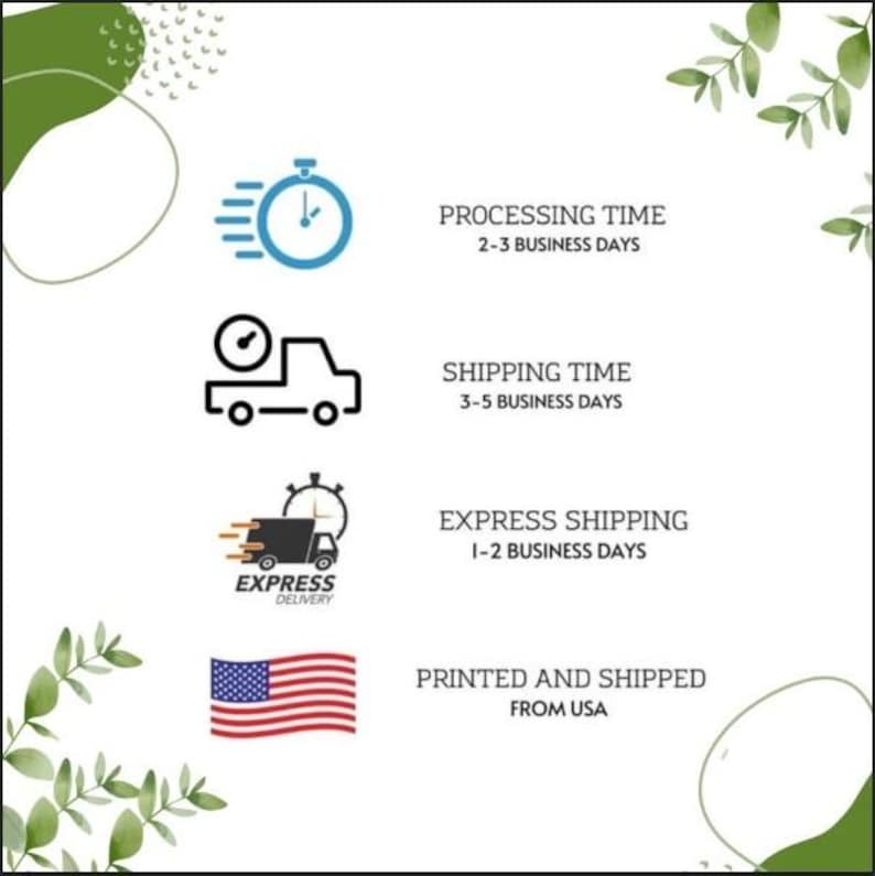 May include: White background with green leaf accents and text indicating processing, shipping, and express shipping times. Includes an American flag and the text "PRINTED AND SHIPPED FROM USA."