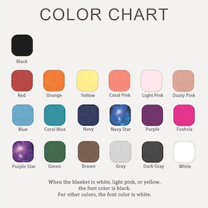 May include: Color chart with a variety of colors, including black, red, orange, yellow, coral pink, light pink, dusty pink, blue, coral blue, navy, navy star, purple, fushcia, purple star, green, brown, gray, dark gray, and white. Text states font color rules.