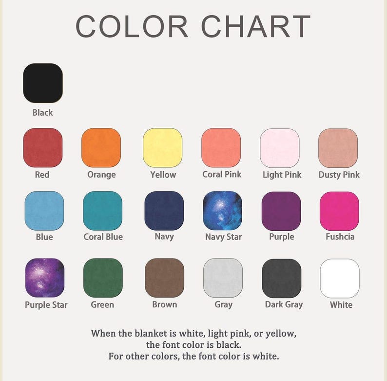 May include: Color chart with a variety of colors, including black, red, orange, yellow, coral pink, light pink, dusty pink, blue, coral blue, navy, navy star, purple, fushcia, purple star, green, brown, gray, dark gray, and white. Text states font color rules.