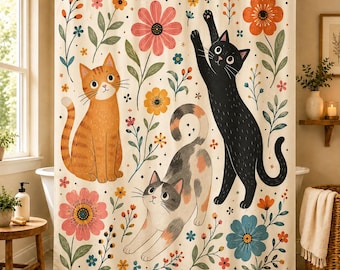 Cat Shower Curtain, Floral Cat Bathroom Decor, Cute Cat Shower Curtain, Boho Bathroom Decor, Vintage Cat Lover Gift