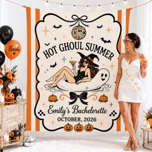 May include: A rectangular fabric wall tapestry featuring an orange and cream color scheme with the text HOT GHOUL SUMMER, Emily's Bachelorette, and OCTOBER, 2026. The design includes a disco ball, bats, pumpkins, and a witch in a ghost floatie.