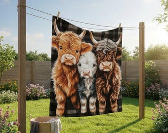 Highland Cow Flannel Throw Blanket, Buffalo Plaid Farmhouse Decor