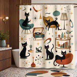 May include: A shower curtain featuring a cream background with a repeating pattern of black cats, mid-century modern furniture, starburst shapes, a record player, a bar cart with bottles, and abstract geometric shapes in orange, teal, and brown.