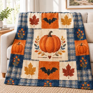 Rustic Autumn Pumpkin Patchwork Blanket, Fall Halloween Throw, Cozy Farmhouse Home Decor, Seasonal Gift G