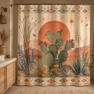 May include: A shower curtain featuring a desert landscape with a large orange sun, green prickly pear cacti with pink flowers, blue wildflowers, and butterflies. The top and bottom borders have a geometric pattern in orange, blue, and cream.