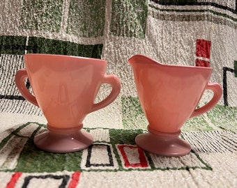 Vtg années 50 MCM Hazel Atlas Pink Glass Creamer & Suger Set