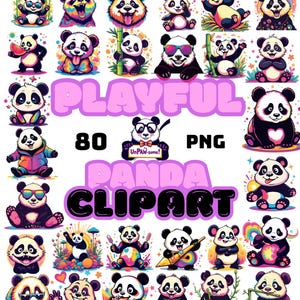 Clipart animaux | Clipart Animal psychédélique panda | Lot animal idiot | Clipart animal mignon PNGs | Expressions ludiques de panda