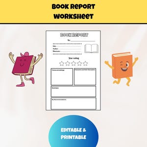 Printable Book Report Worksheet for Kids, Book Review Activity Sheet for Elementary Students, Editable Book Summary Worksheet for kids