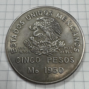 Mexico 5 Pesos 1950 - Cinco Pesos (Southeastern Railroad). Numismatic Gift. Vintage Coin