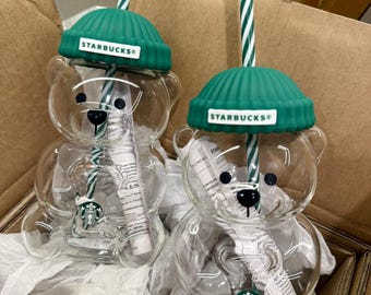 Authentic 20oz Starbucks 2025 Bearista BEAR Glass Jar Cold Cup Tumbler Straw Holiday Christmas