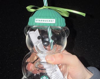Authentic 20oz Starbucks 2025 Bearista BEAR Glass Jar Cold Cup Tumbler Straw Holiday Christmas