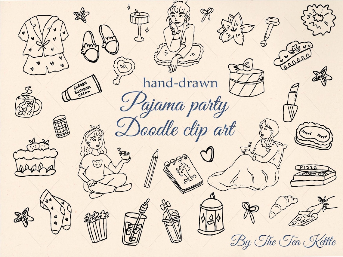 Hand Drawn Pajama Party Clipart Bundle – Sleepover Doodle PNG SVG ...