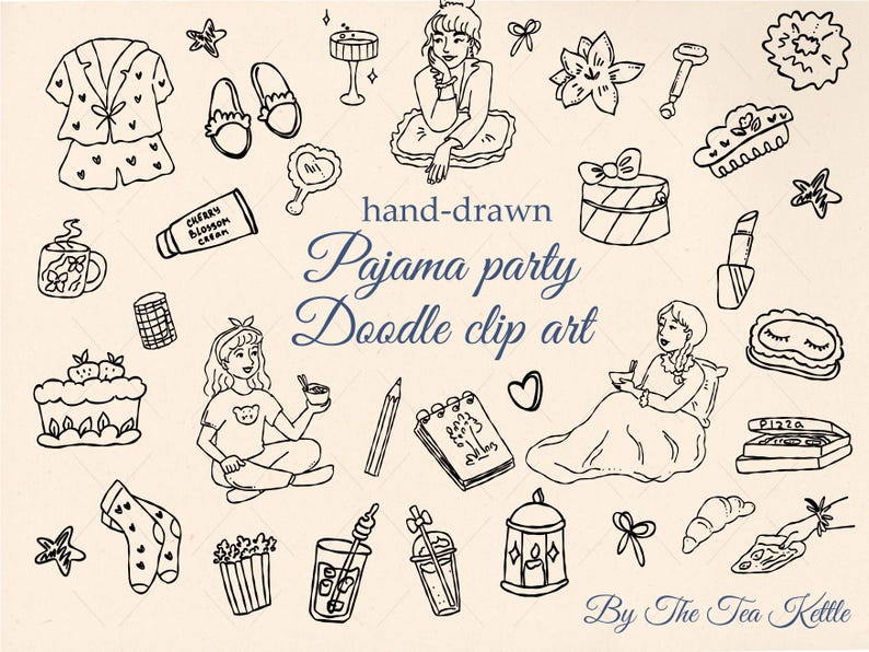 Hand Drawn Pajama Party Clipart Bundle – Sleepover Doodle PNG SVG ...