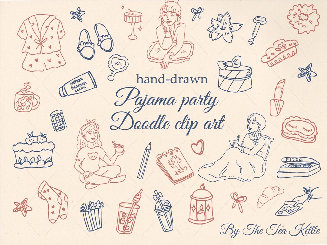 Hand Drawn Pajama Party Clipart Bundle – Sleepover Doodle PNG SVG ...
