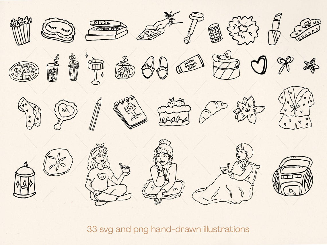 Hand Drawn Pajama Party Clipart Bundle – Sleepover Doodle PNG SVG ...