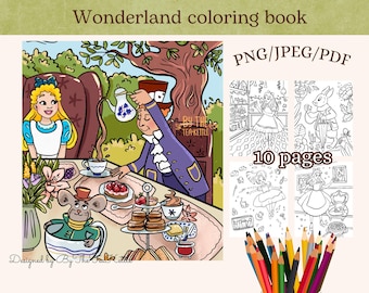 Wonderland Coloring Book PDF - Hand-drawn Color-in Pages - Alice, Mad Hatter, Cheshire Cat - Cozy Hobby for adults and teens